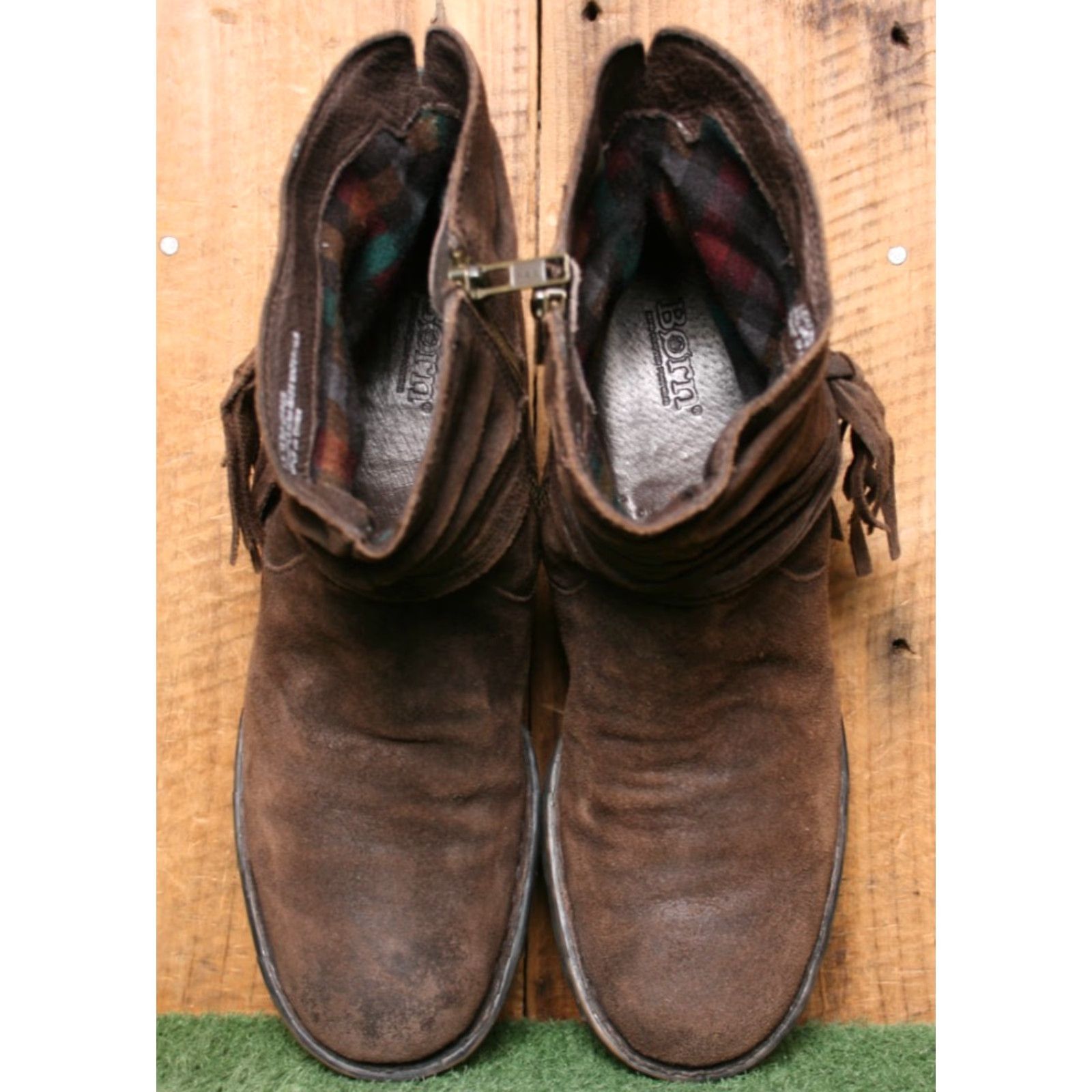 Born Børn Cross Brown Distressed Suede Fringe Slouchy Ankle Boots Sz. 8.5 M Women Heel Low Zip Bootie Shoe Size US 9 / IT 39 - 4 Thumbnail