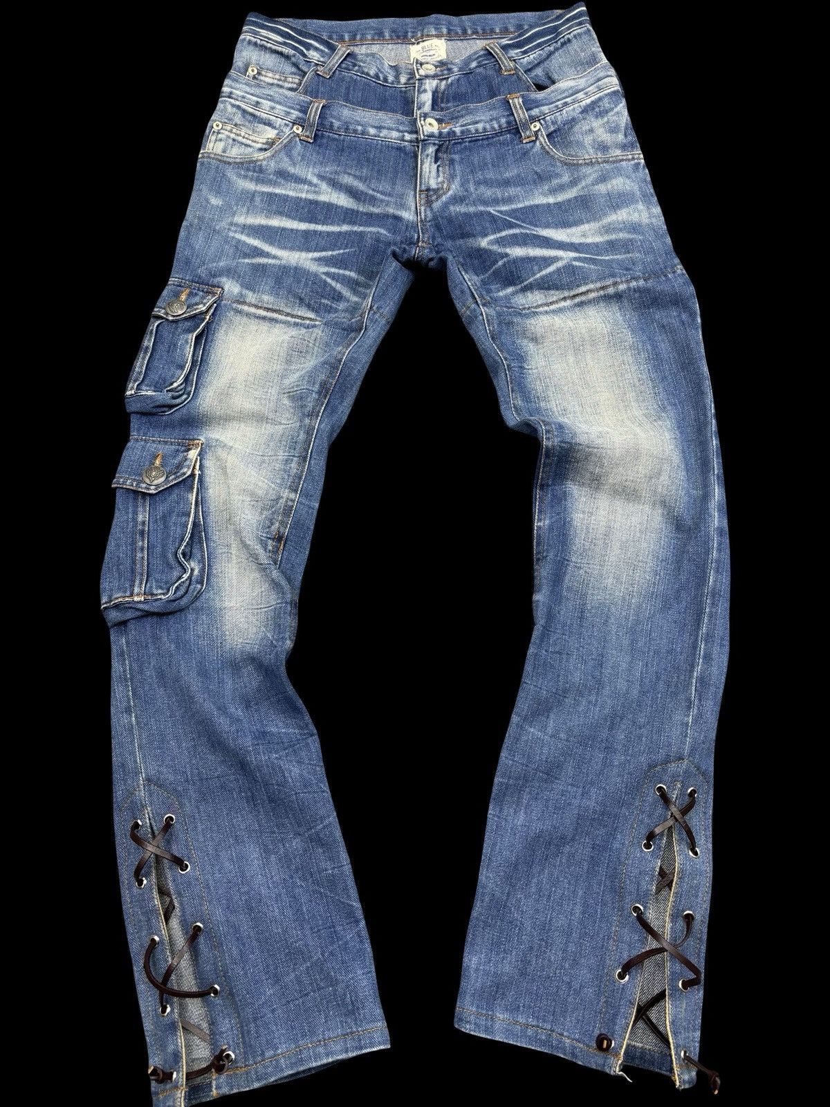 Japanese Brand Flare Lace Up Mangrove Double Waist Stone Wash Denim F812 Size US 32 / EU 48 - 1 Thumbnail