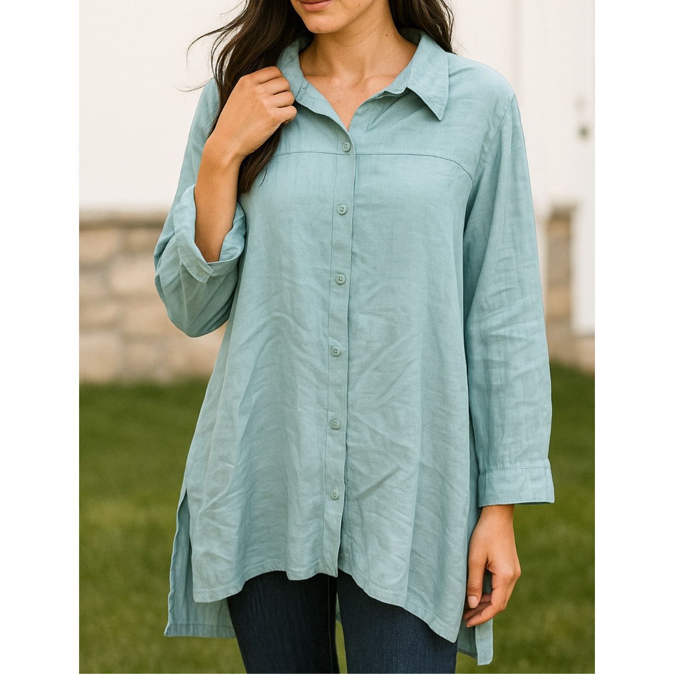FLAX Flax linen blue button front shirt relaxed fit boho size medium Size M / US 6-8 / IT 42-44 - 1 Thumbnail