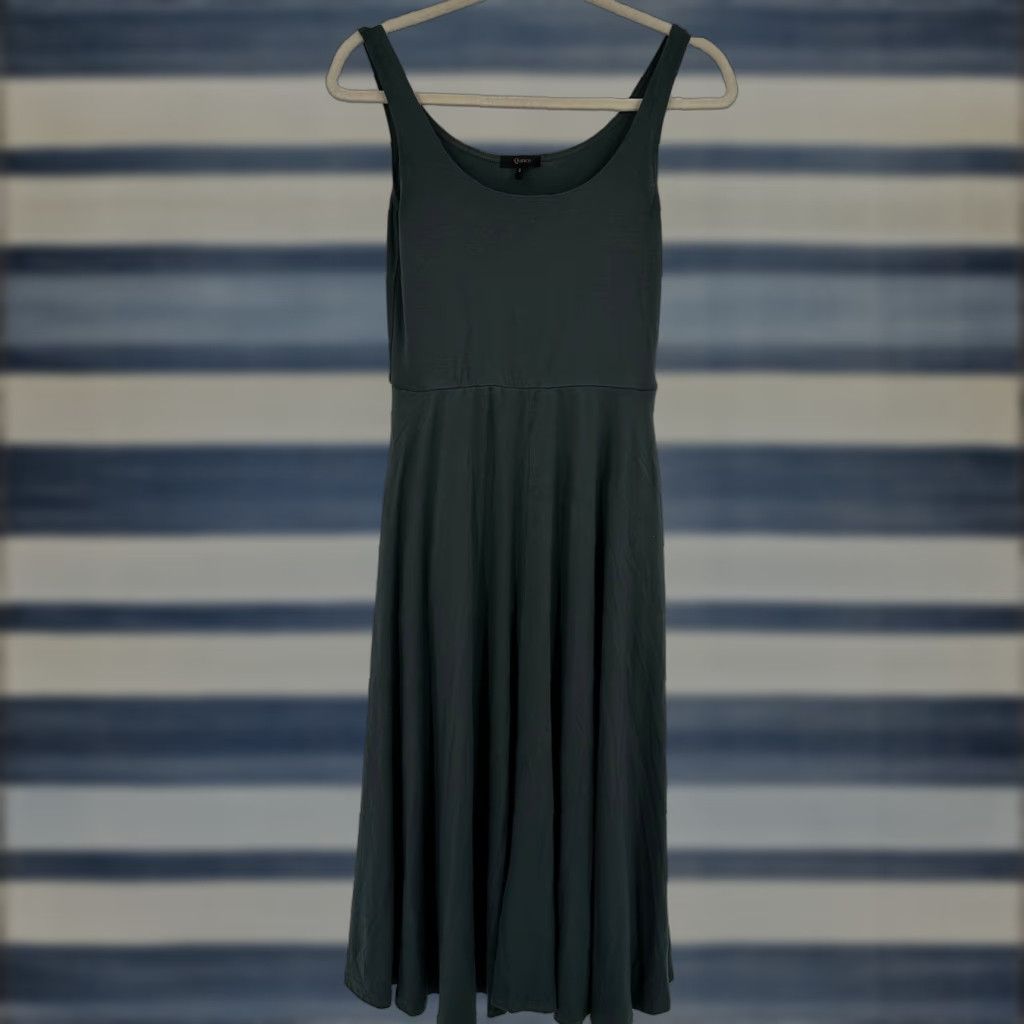 Quince Tencel Jersey Fit & Flare Midi Dress Dark Olive Green S Sleeveless  Pockets Stretch Lightweight