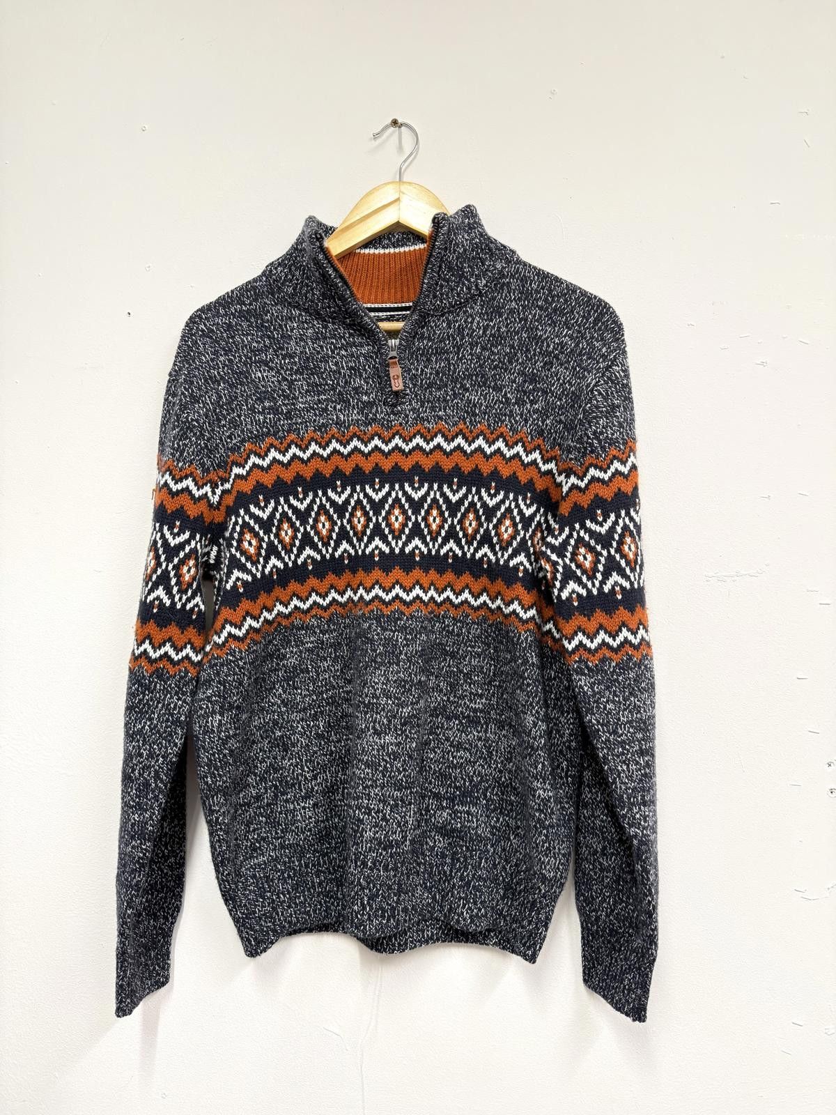 Other Men's Grey and Orange Patterned Knit Pullover Sweater with Z Size ONE SIZE - 1 Thumbnail