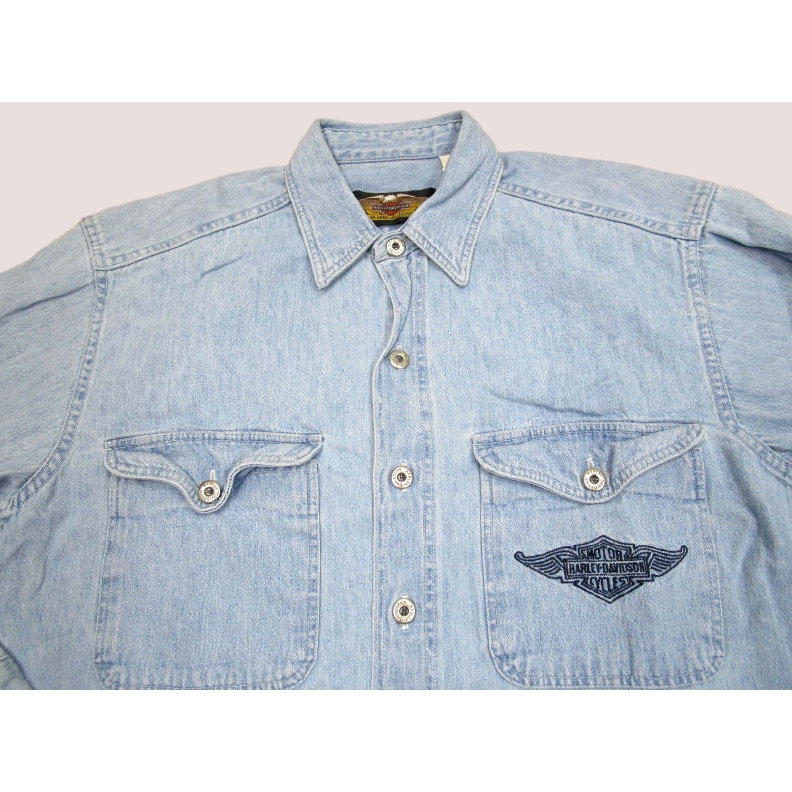 Harley Davidson Harley-Davidson Shirt Mens Small Blue Denim Button Up Embroidered USA 90s Vintage Shirt Size US S / EU 44-46 / 1 - 1 Thumbnail