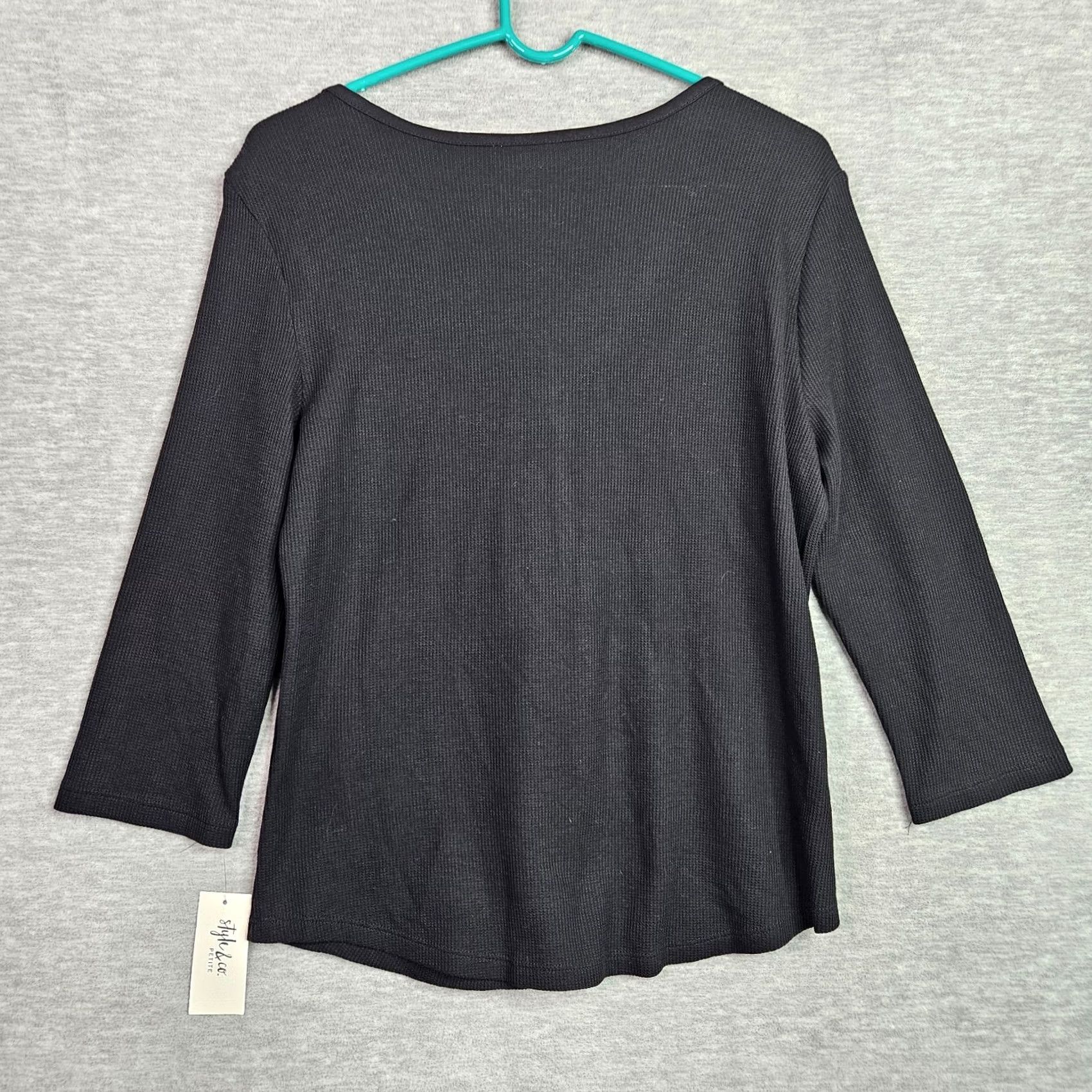 Style & Co Style & Co Black Waffle Henley Top Shirt Womens PL Short Sleeve Cotton Blend Clothing Womens Petite Black Henley Shirt Size L / US 10 / IT 46 - 2 Thumbnail