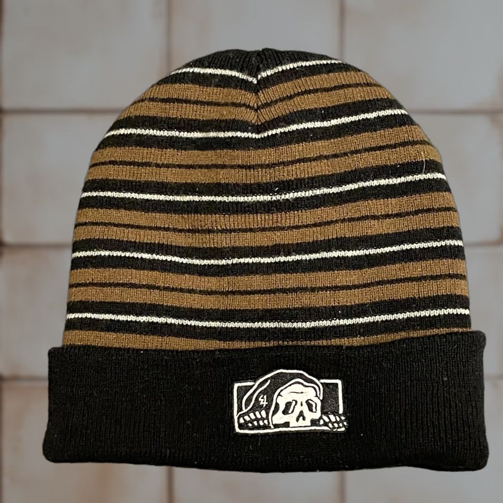 Vintage Lurking Class Beanie Mens One Size Brown Black Striped Skull Knit Cuff Hat Vintage No Size ONE SIZE - 1 Thumbnail