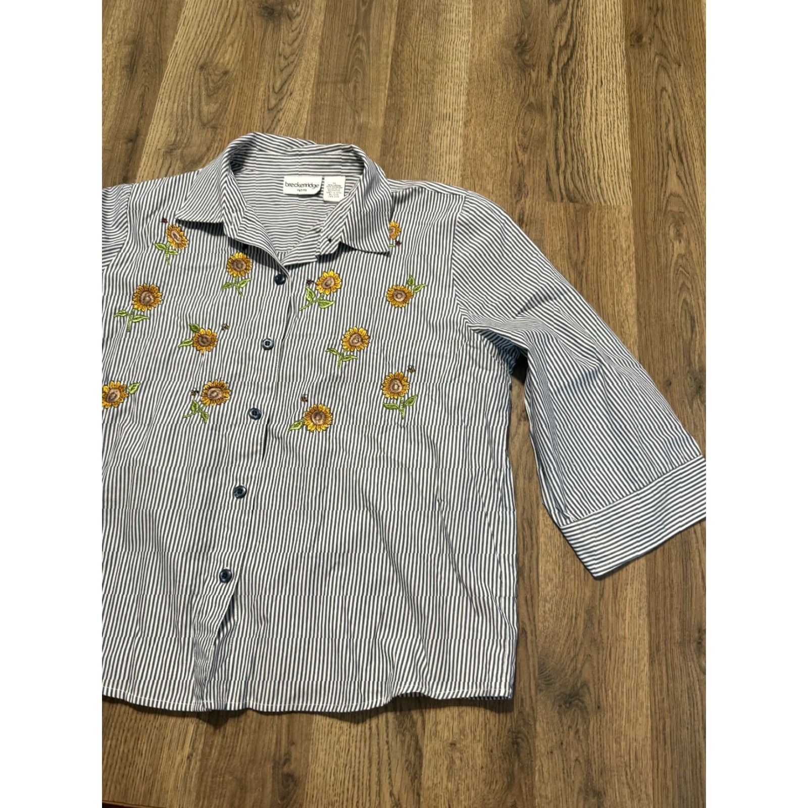 Sunflower Breckenridge Shirt Women's PL White Black Striped Sunflower Embroider Button Up Size L / US 10 / IT 46 - 4 Thumbnail