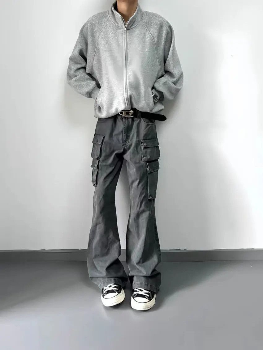 Washed Gray Aged Workwear Casual Pants