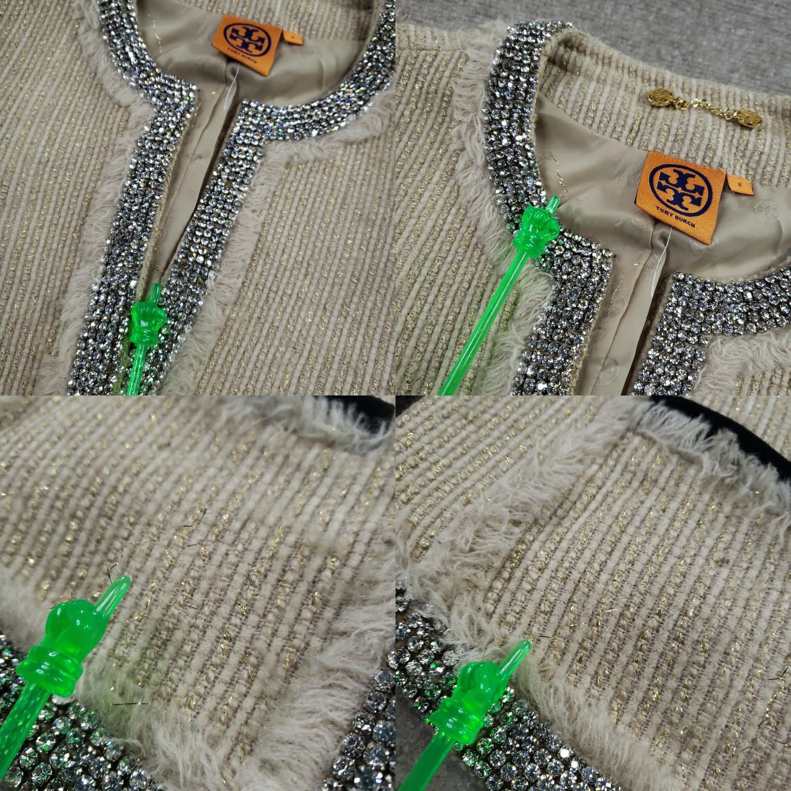 Tory Burch Tory Burch Jacket Womens 2 Beige Tweed Rhinestone Embellished Open Front Size XS / US 0-2 / IT 36-38 - 8 Thumbnail