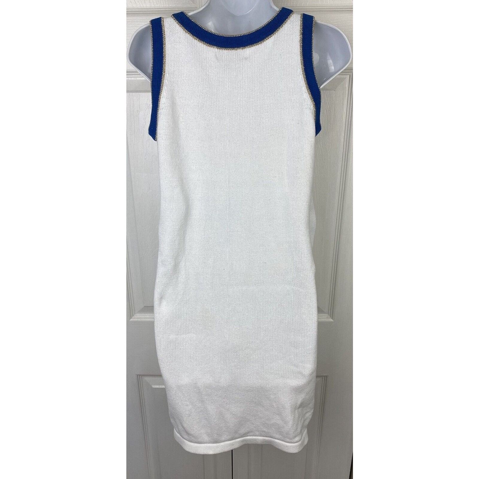 Bloomingdale's Bloomingdales Women's White Blue Gold Knit Sheath Dress S Size S / US 4 / IT 40 - 5 Thumbnail