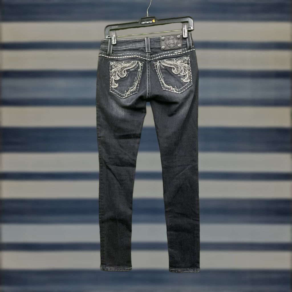VINTAGE Miss Me Jeans Womens 26 Mid Rise Skinny Embellished Y2K Buckle Dark Wash 2000s