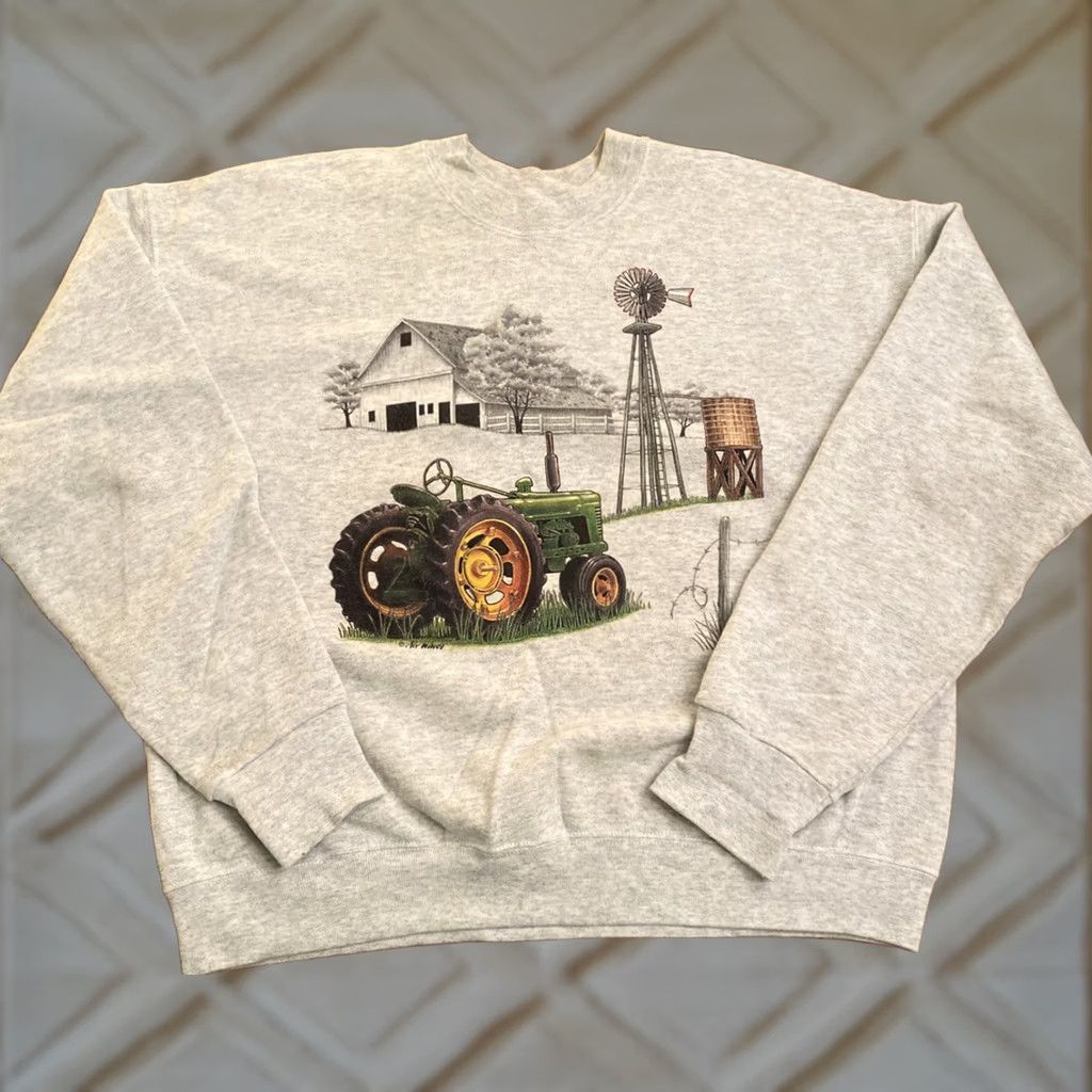 Vintage VINTAGE Unbranded Sweatshirt Crewneck LG Gray John Deere Barn Windmill Farm Country Graphic Print Men's Pullover All Seasons Vintage ... Size US L / EU 52-54 / 3 - 1 Thumbnail