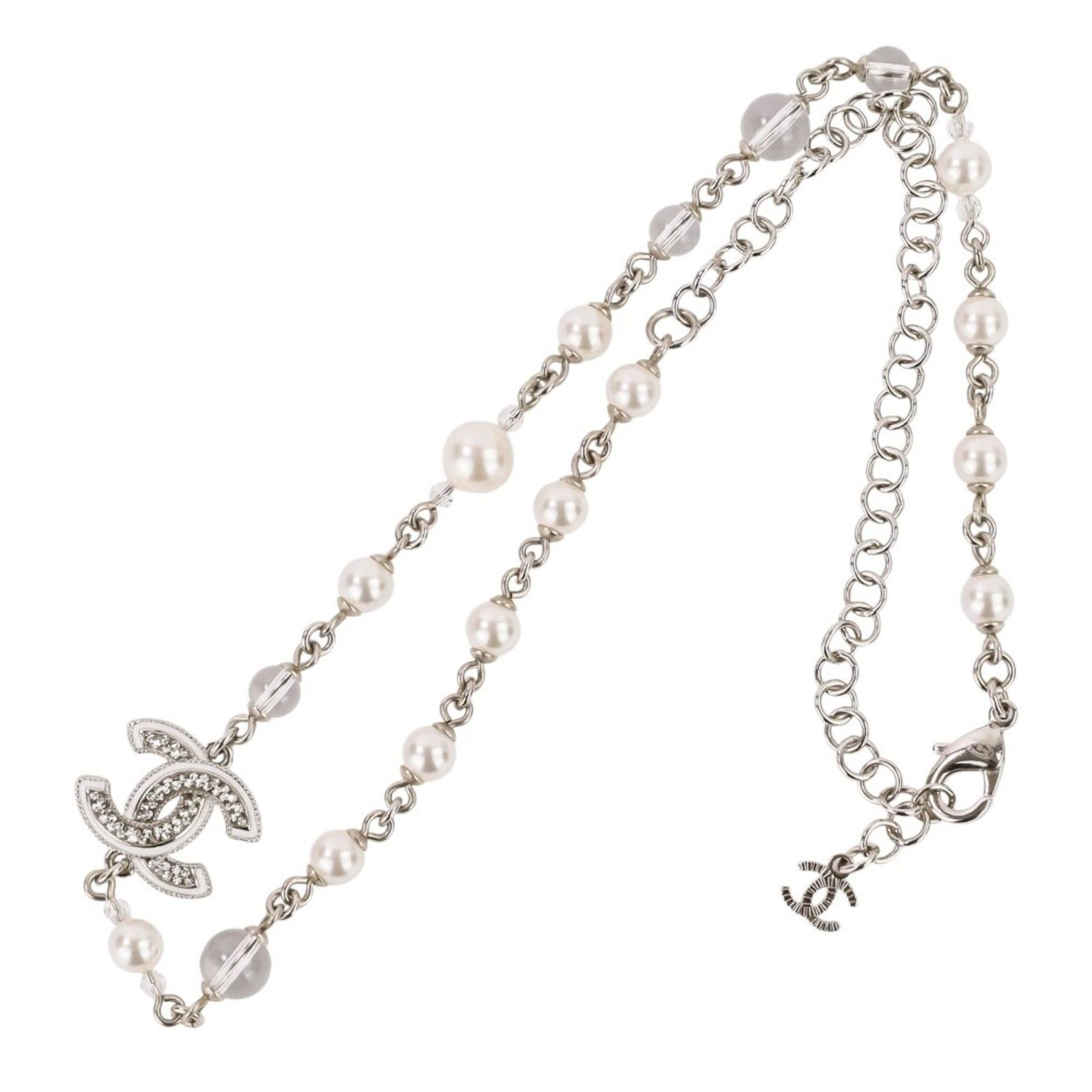 Chanel A25C CHANEL Rhinestone Coco Mark Pearl Necklace, Silver/White, Women's Size ONE SIZE - 1 Thumbnail