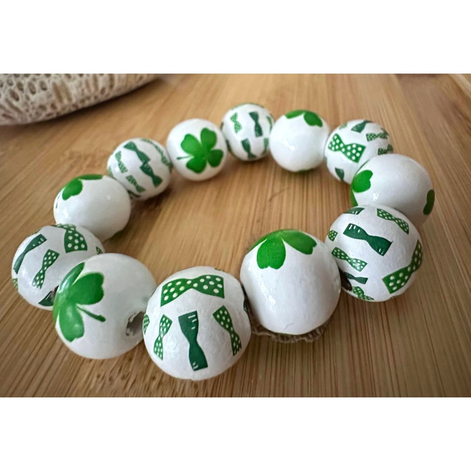 Handmade Luck of the Irish Clover Wood Beaded Stretch Bracelet St Pat Size ONE SIZE - 4 Thumbnail