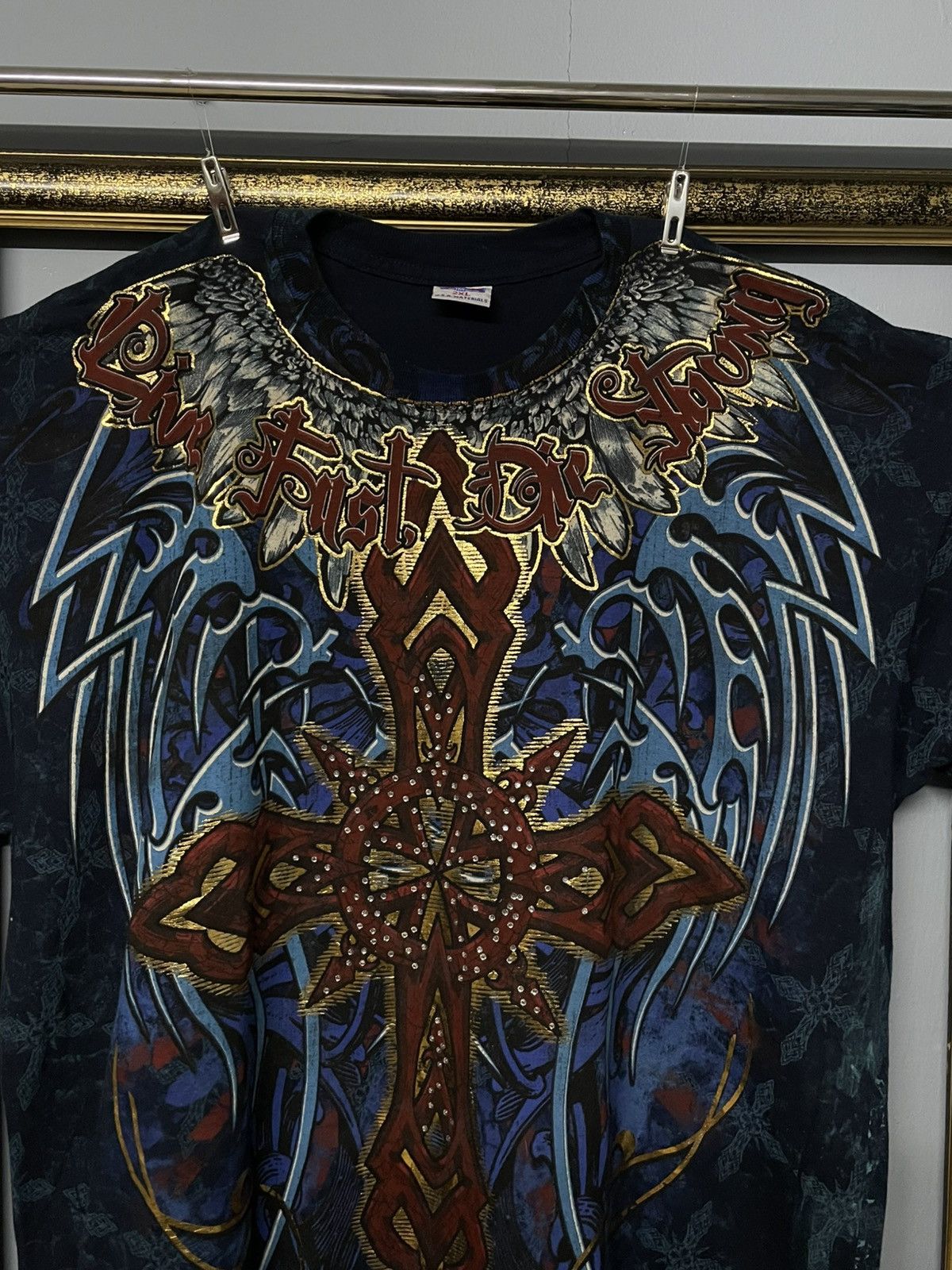 Affliction Vintage Rare 1990s Affliction Cross Live Fast Die Strong Tee Size US XL / EU 56 / 4 - 4 Thumbnail