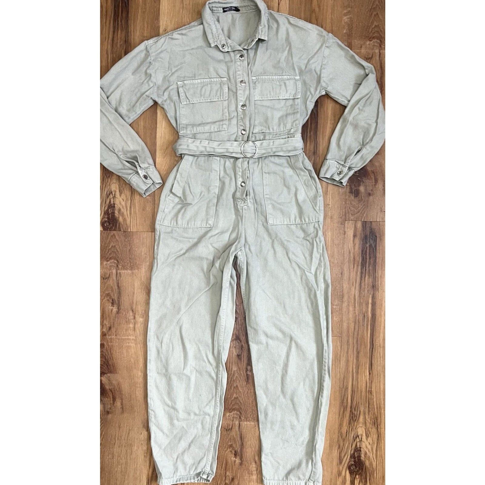 Nasty Gal Nasty Gal Jumpsuit Women 6 Green Denim One-Piece Casual 90s Boho Button Up Belt Plain Solid Crew Neck Collared Long Sleeve Spring Summer Fall Winter Size 28" / US 6 / IT 42 - 2 Thumbnail