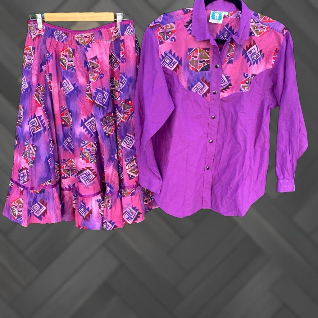 Vintage VINTAGE Desert West Sherry Holt Western Shirt Full Skirt Set Purple Southwestern Shirt Skirt 1980s Rockabilly Mens or Womens? (Gender not provided) Size L / US 10 / IT 46 - 1 Thumbnail