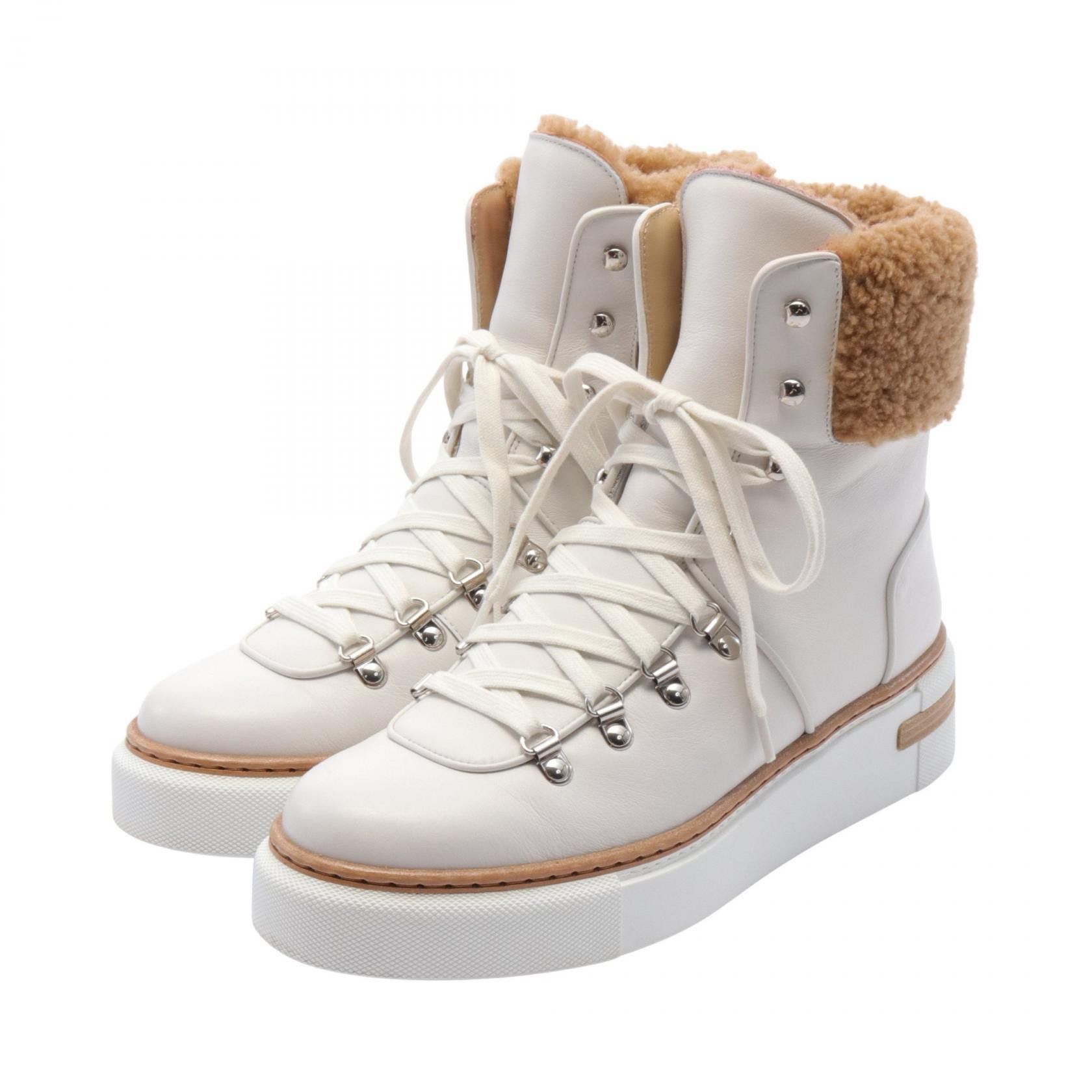 Hermes Hermes Flocon Leather Shearling Boots Leather Shoes in White, Women's