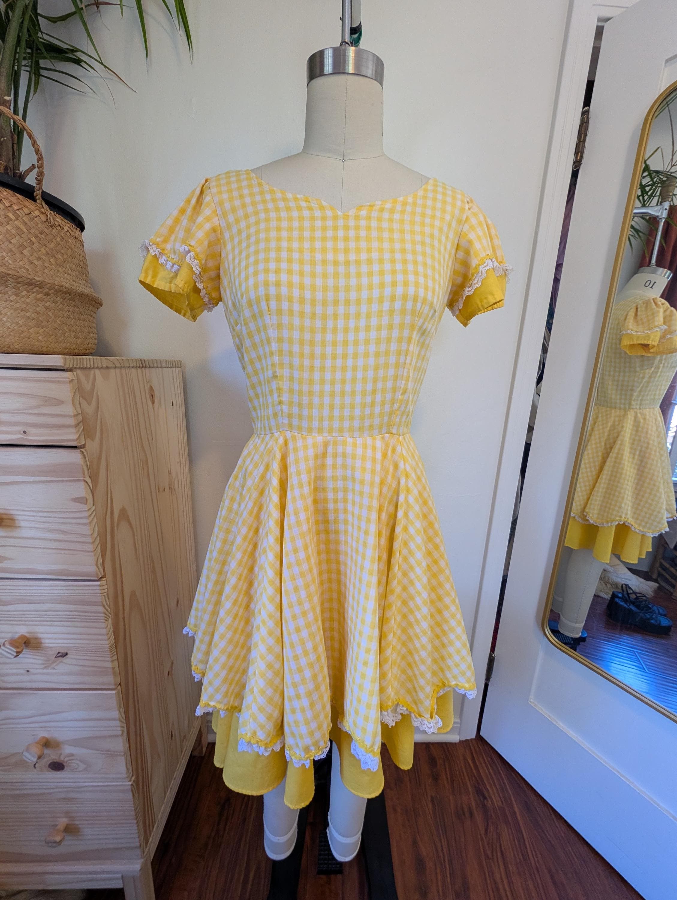 Vintage 1970s Yellow Gingham Square Dance Dress - Country Western Size M / US 6-8 / IT 42-44 - 3 Thumbnail