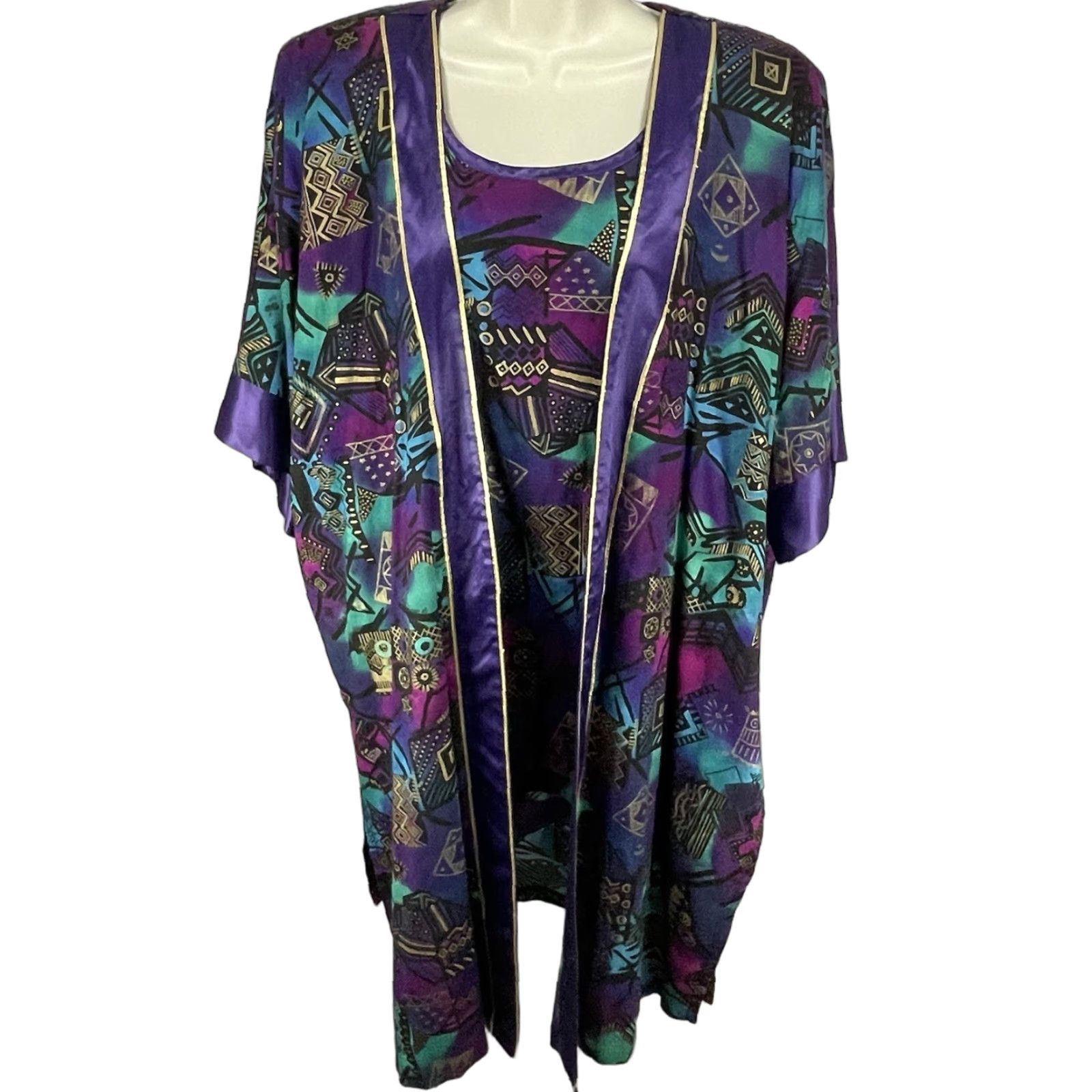 VINTAGE FAD Purple Gold Retro Geometric Tunic Jacket Outfit Set Women Large L