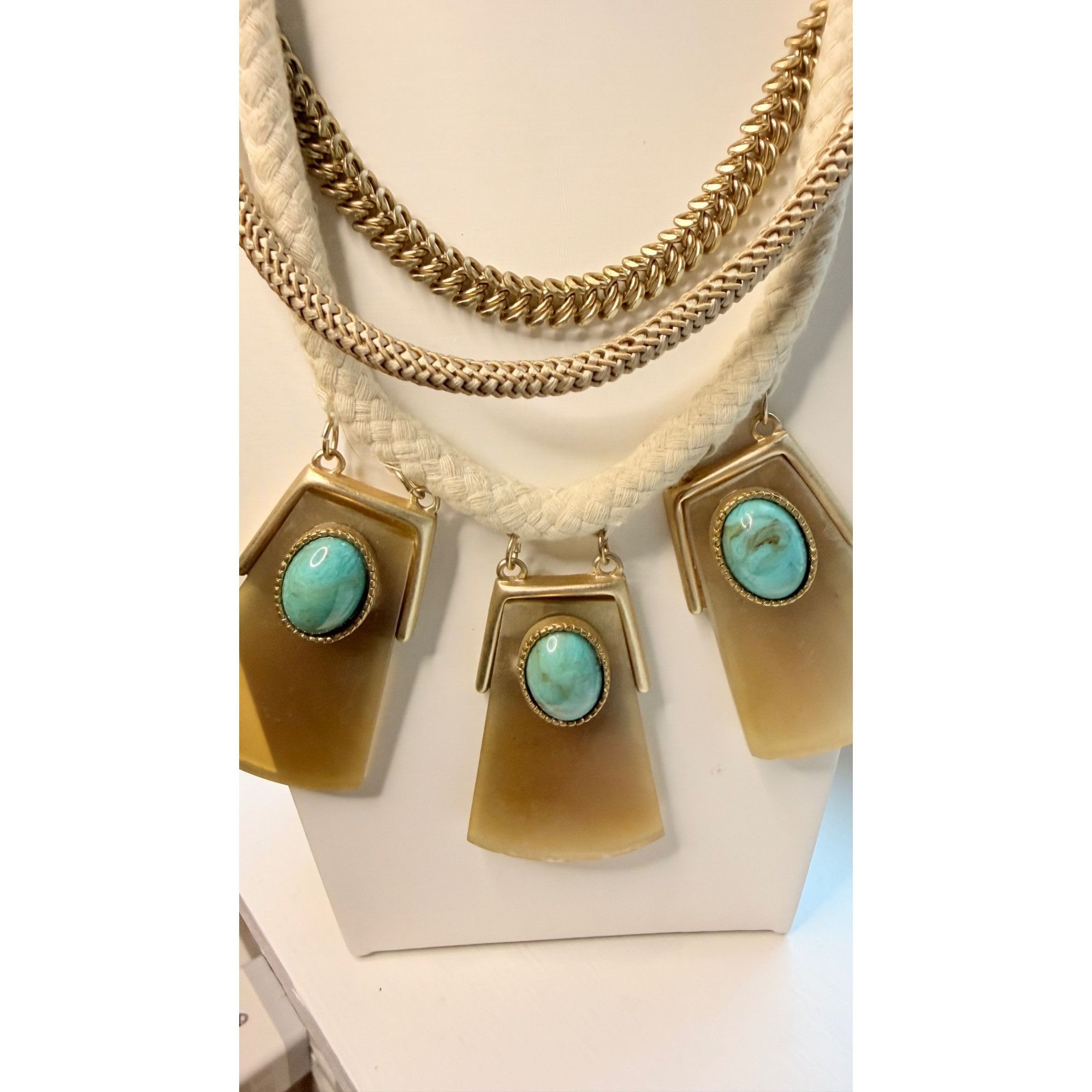 Chicos Chicos Statement Necklace With Braided Rope Gold Chains & Fa Size ONE SIZE - 1 Thumbnail