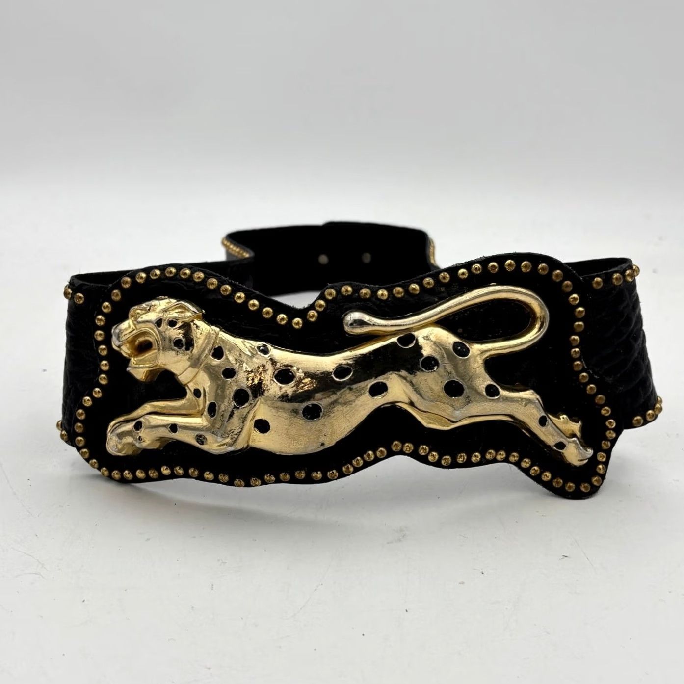 Vintage VINTAGE Leather Belt Black Leopard Buckle Studded Embossed 30" Size ONE SIZE - 2 Thumbnail