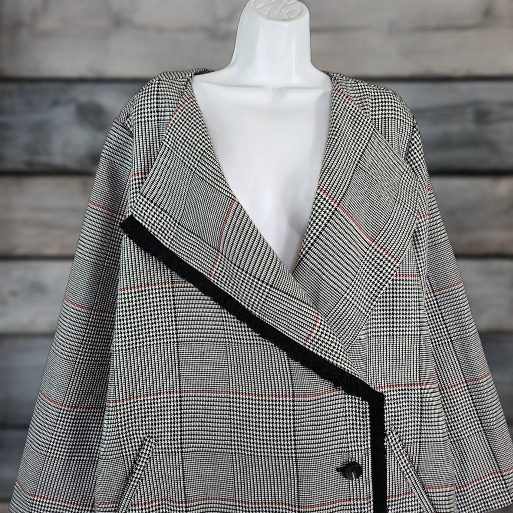 Vintage Laurie Felt Coat Womens XL Black Red Houndstooth Fringe Button Front Size XL / US 12-14 / IT 48-50 - 1 Thumbnail
