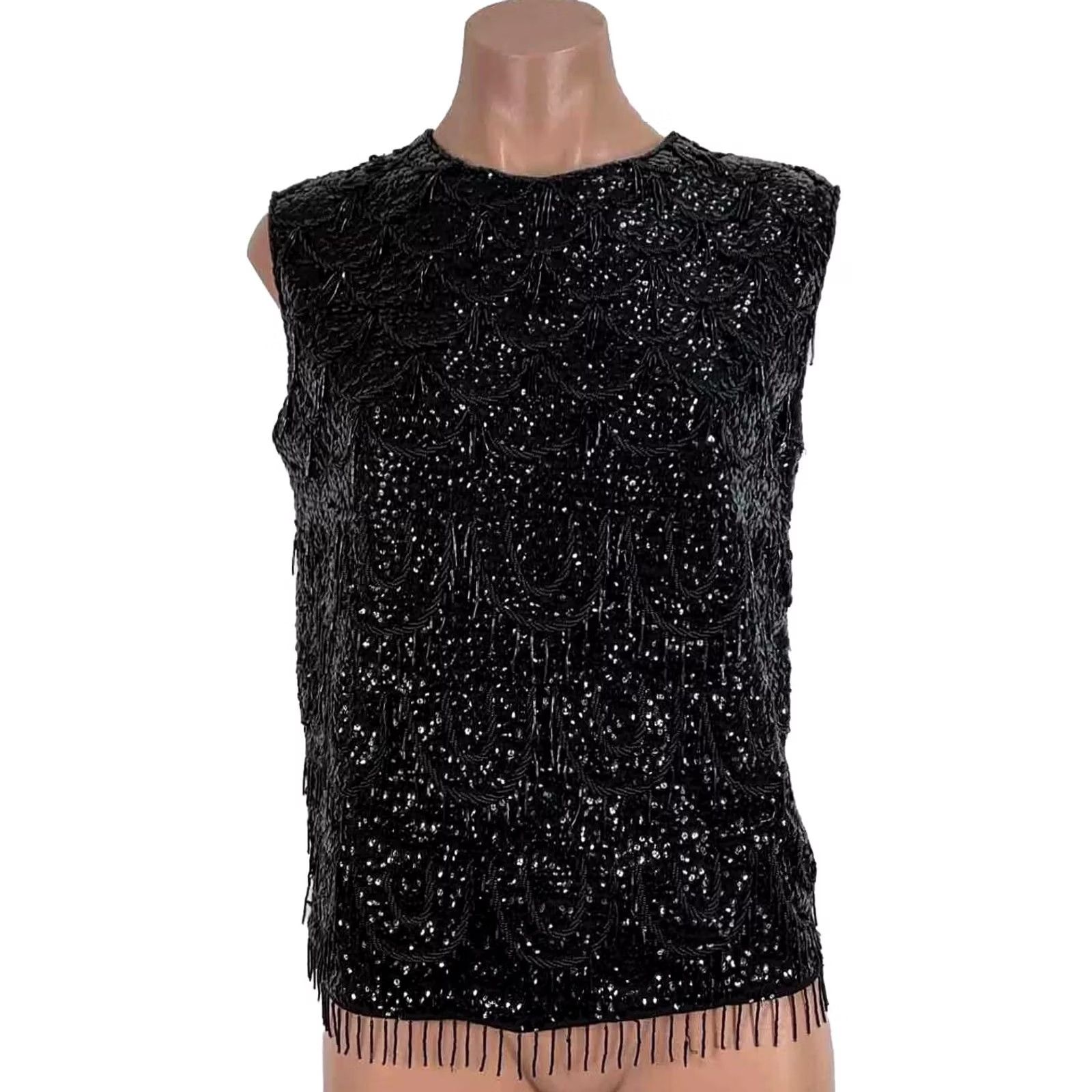 Vintage Gia Ninno Fringe High Neck Zip Back Vintage Black Wool Sequin & Beaded Top sz 14 Size L / US 10 / IT 46 - 2 Thumbnail
