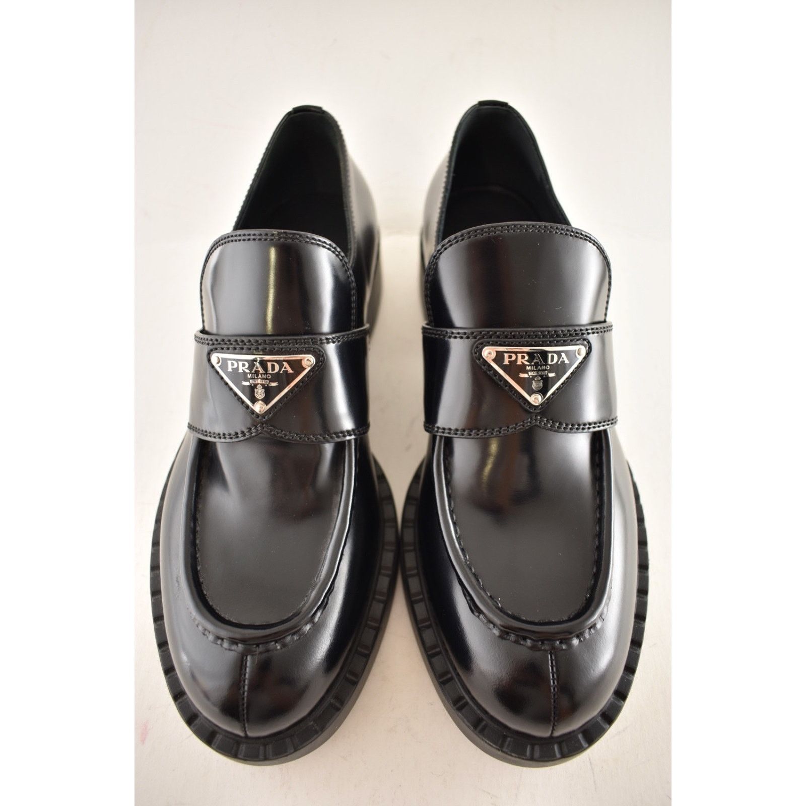 Prada Prada Chocolate Black Brushed Leather Silver Logo Platform Size US 10 / IT 40 - 7 Thumbnail