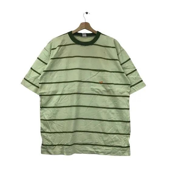 Vtg 90’ HANG TEN SURFING Striped Yellow Tag Green Tee Shirt