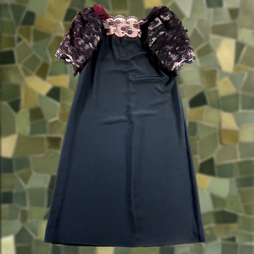 Vintage VINTAGE Black Silky Burgundy Lace Bow Short Sleeve Tunic Smock Dress Large Size 36" / US 14 / IT 50 - 1 Thumbnail