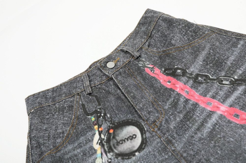Jean Distressed punk chain digital print denim shorts y2k Size US 32 / EU 48 - 3 Thumbnail