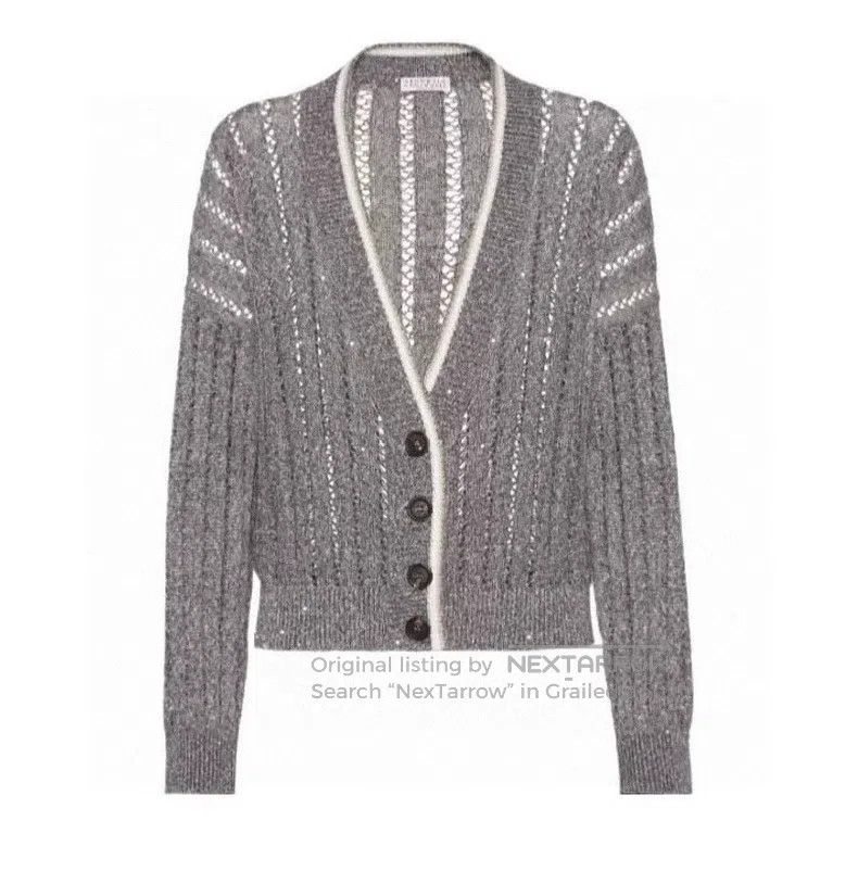 Brunello Cucinelli Brunello Cucinelli Grey Sequin Knit Cardigan with Netted O Size S / US 4 / IT 40 - 5 Thumbnail