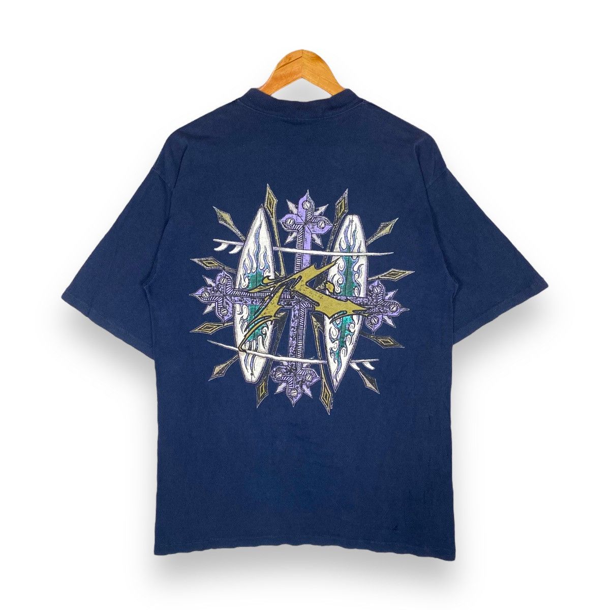 image of Vintage 1990 Rusty Nice Graphics Surfing Tee in Navy, Men's (Size Large)