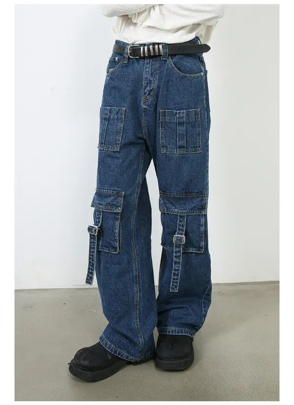 Japanese Brand Men's multi-pocket washed vintage wide-leg cargo jeans Size US 32 / EU 48 - 4 Thumbnail
