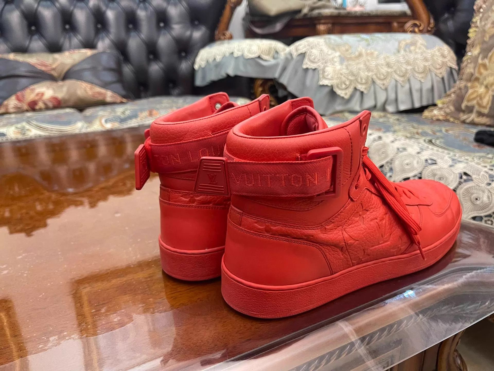 Louis Vuitton LV High-Top 7US Red Litchi Leather Full Logo Kicks Size US 8 / EU 41 - 3 Thumbnail