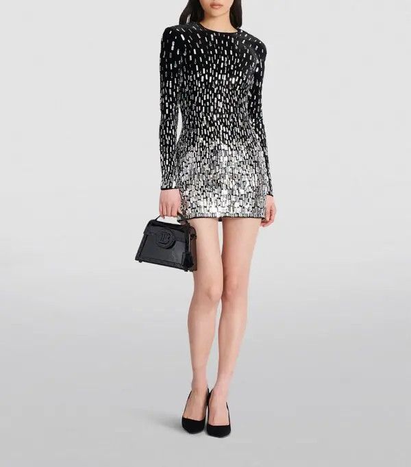 Balmain o1s1wg110825 Sequin Embellished Mini Dress in Black Size L / US 10 / IT 46 - 6 Thumbnail