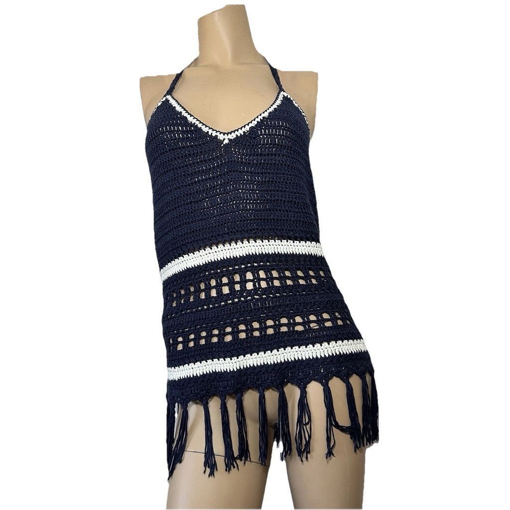 Other Y2K Lovemarks Halter Top Crochet Large Navy Stripes Tasseled Size L / US 10 / IT 46 - 4 Thumbnail