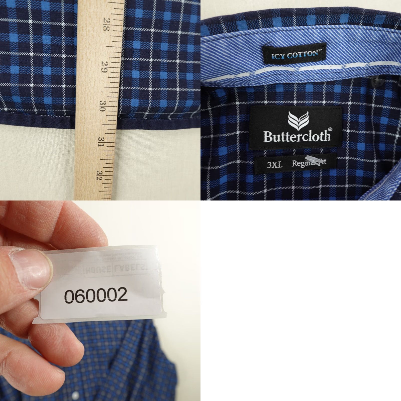 Vintage Buttercloth Button-Up Shirt Mens 3XL Blue Plaid Cotton Spandex Rayon Knit Breathable Pockets Regular Collar Size US XXL / EU 58 / 5 - 8 Thumbnail