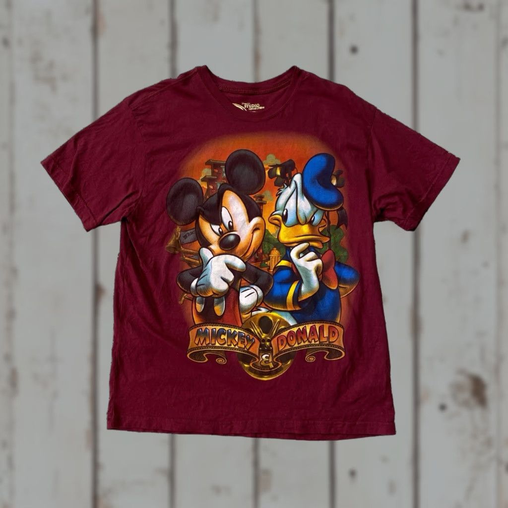 Disney VINTAGE Disney World Studio Mickey Mouse Donald Duck T Shirt Adult XL Burgundy Cotton Logo Crew Neck Short Sleeve Men Size US XL / EU 56 / 4 - 1 Thumbnail