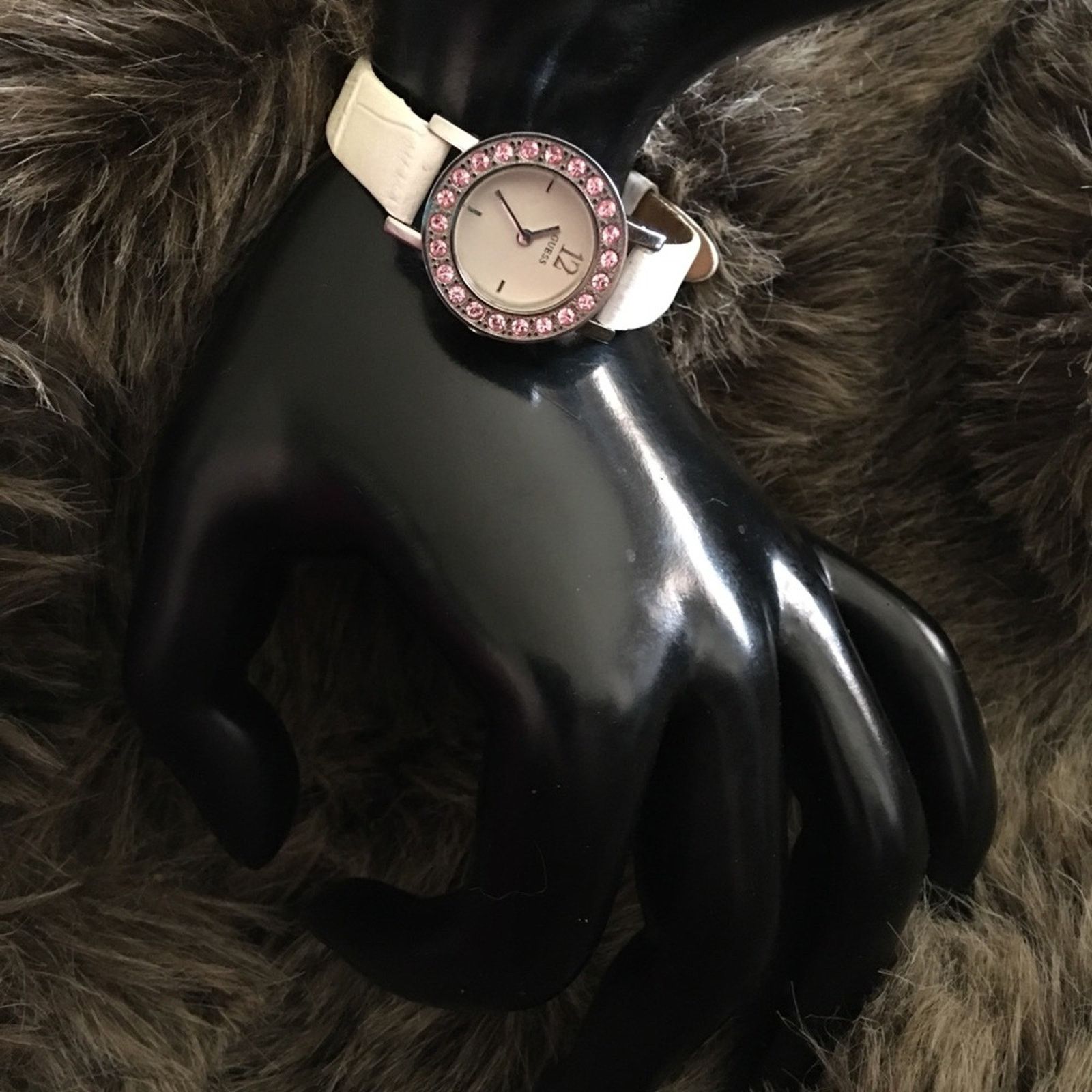 Guess Ladies Guess pink rhinestone white leather watch Size ONE SIZE - 4 Thumbnail