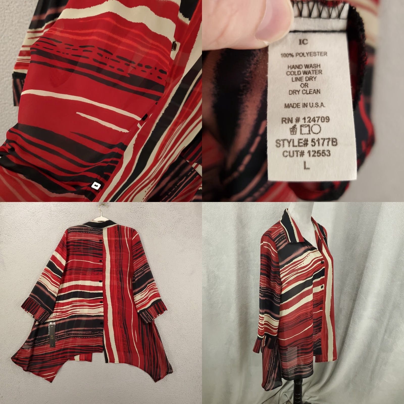 Vintage IC by Connie K Tunic Womens Large Red Black White Striped Button Up NWT Size L / US 10 / IT 46 - 8 Thumbnail