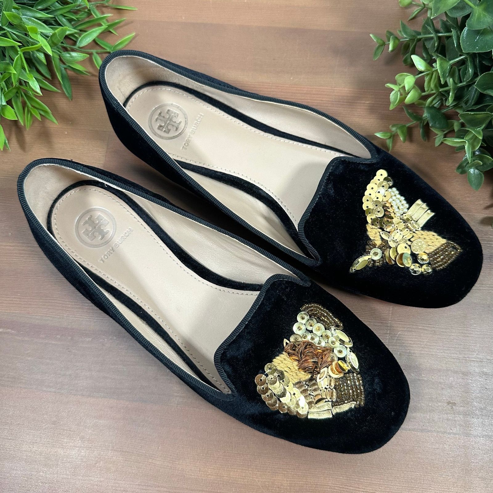 Tory Burch Tory Burch Embellished Peace Smocking Flats Black Velvet Size US 7.5 / IT 37.5 - 1 Thumbnail