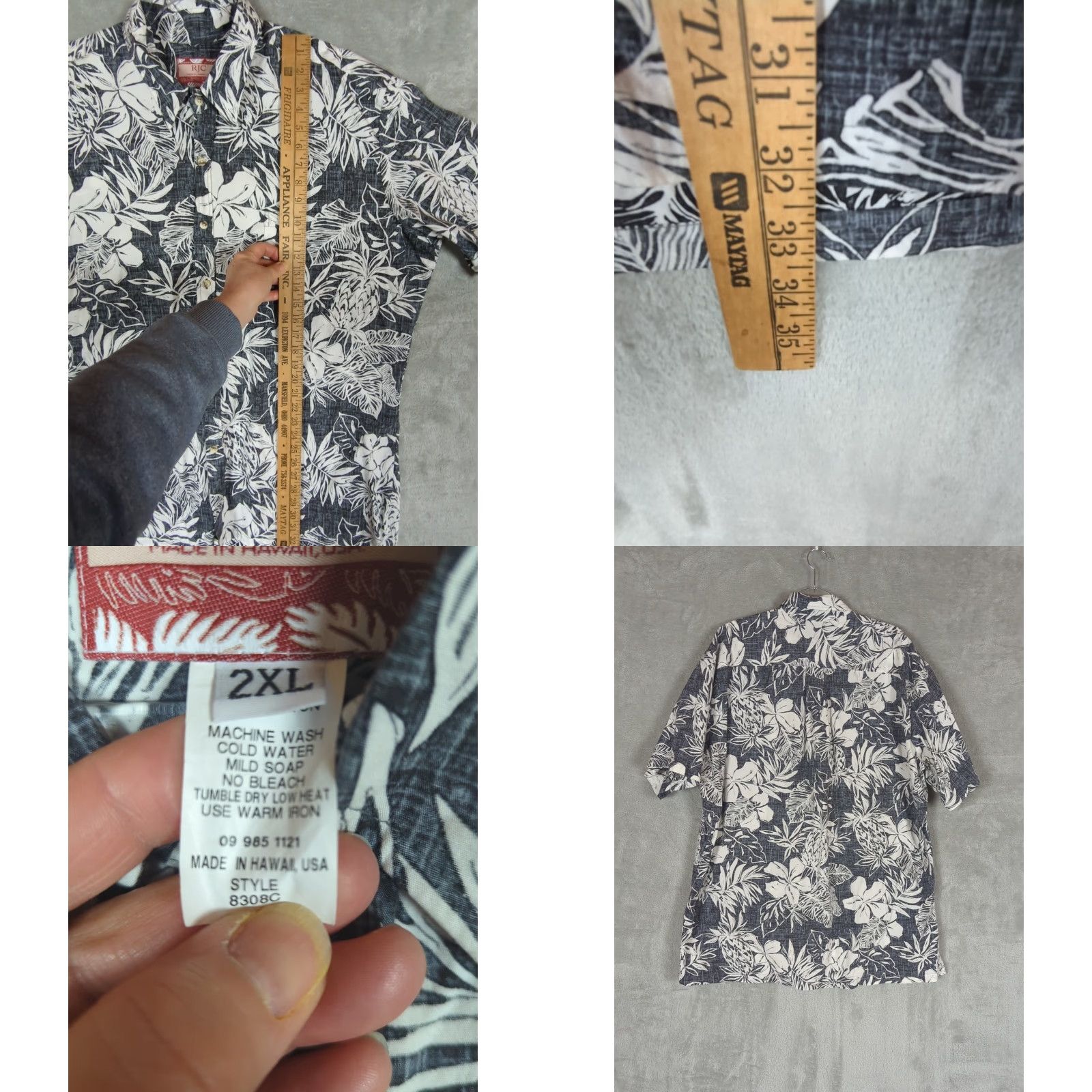 ALOHAS VINTAGE RJC Hawaiian Shirt Button-Up 2XL Mens Gray Floral Island Beach Travel Summer Spring Pocket Short Sleeve Made in USA Size US XXL / EU 58 / 5 - 8 Thumbnail