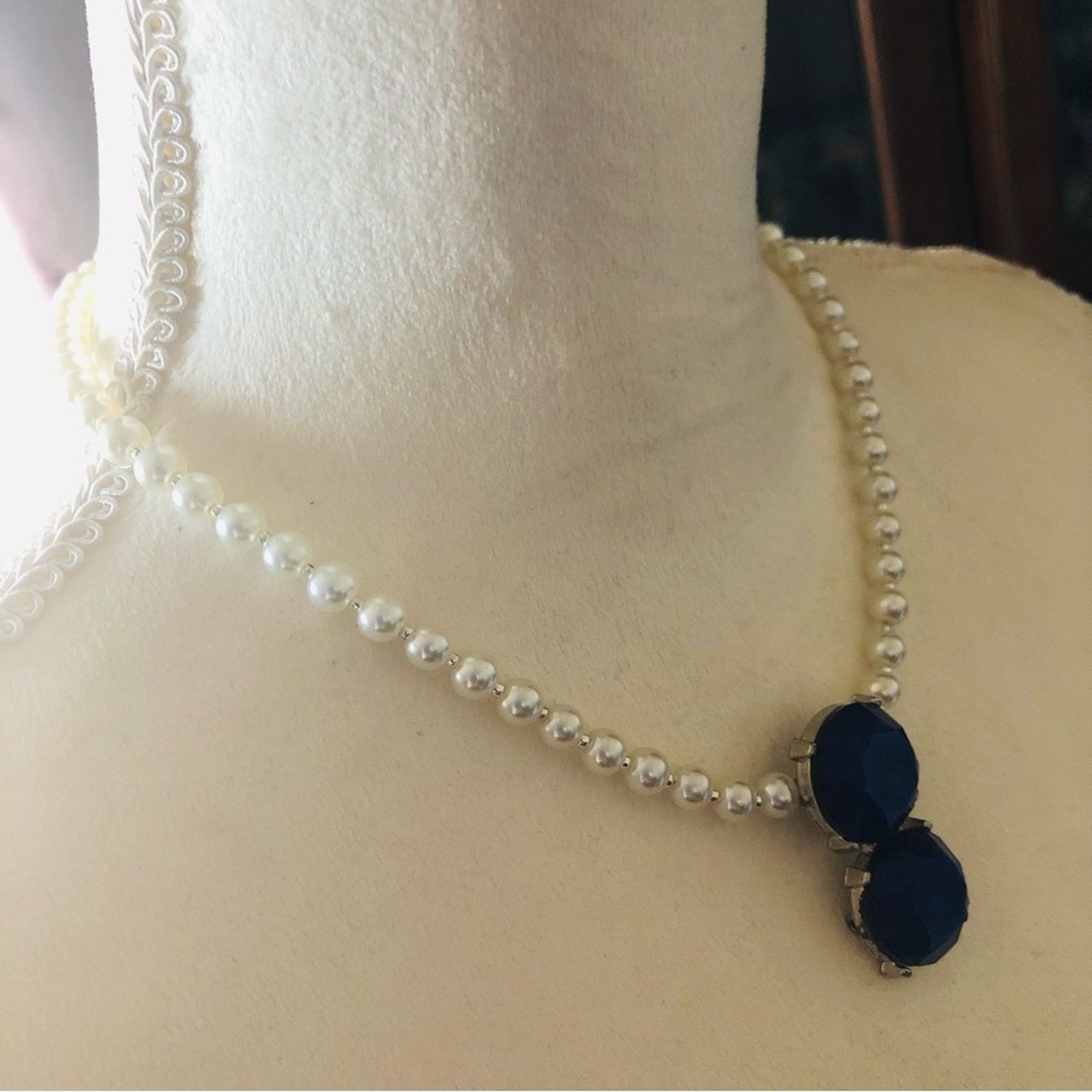 Handmade Handcrafted repurpose royal blue stone Pearl necklace Size ONE SIZE - 3 Thumbnail