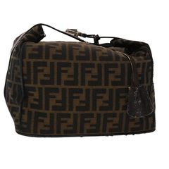 FENDI Zucca Canvas Leather Vanity Bag Makeup Box Khaki Black in