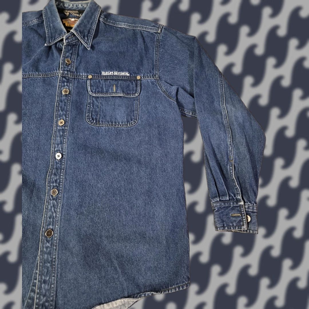 Harley Davidson VINTAGE Harley-Davidson Shirt Mens Large Blue Denim Button Up Long Sleeve Biker Casual Size US L / EU 52-54 / 3 - 1 Thumbnail
