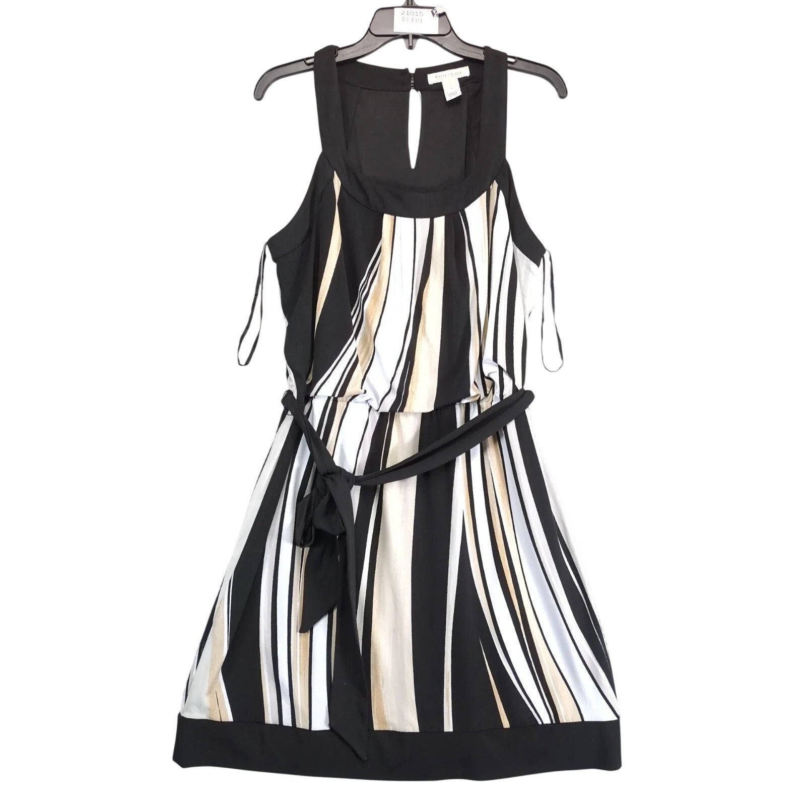 White House Black Market WHBM Striped Blouson Sleeveless Mini Dress Sz L Stretch Belt Size L / US 10 / IT 46 - 2 Thumbnail
