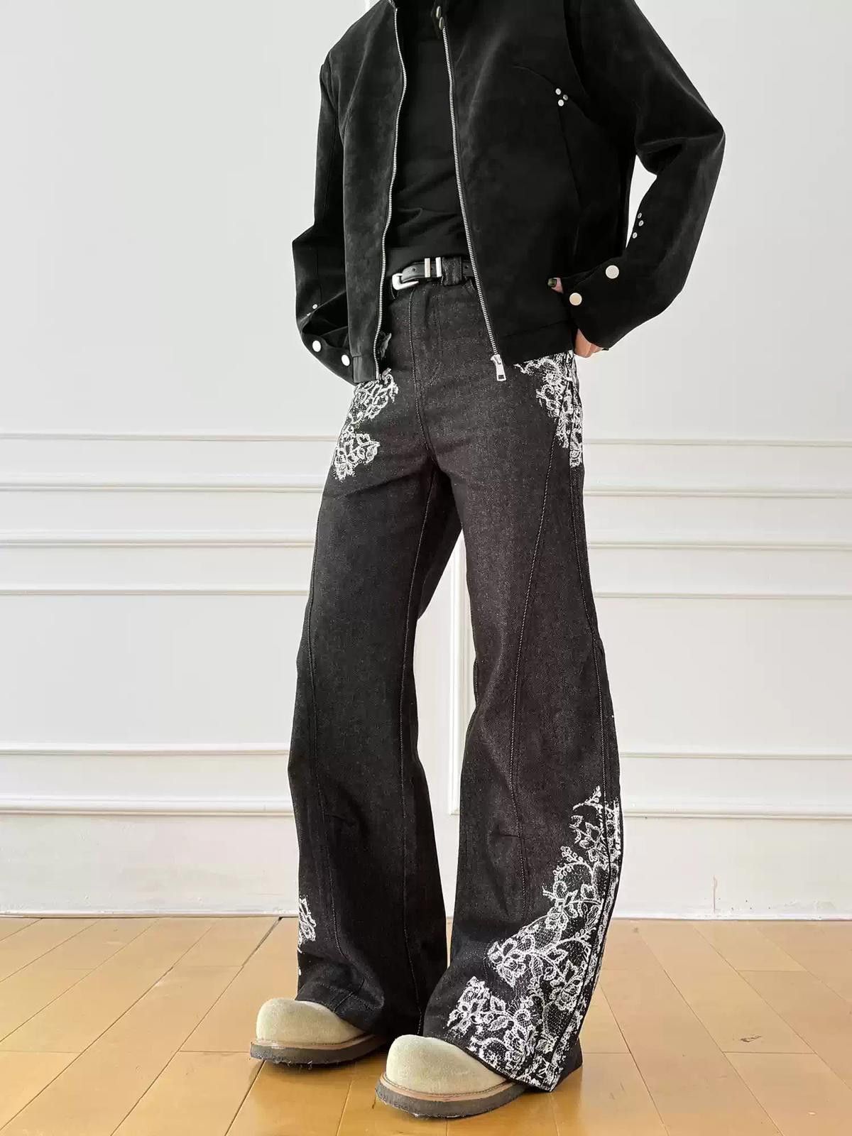 Jean Black Wide Leg Jeans with White Floral Print, Flared Fit Size US 32 / EU 48 - 4 Thumbnail