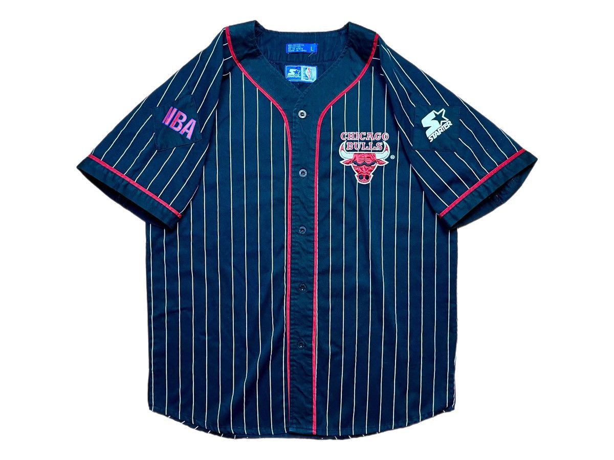 image of Vintage Chicago Bulls Starter Pinstripe Baseball Jersey in Black Red White, Men's (Size Large)