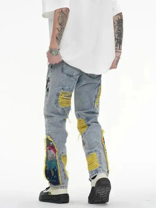 Designer × Jean Embroidered Patch Denim Ripped Jeans Size US 34 / EU 50 - 4 Thumbnail