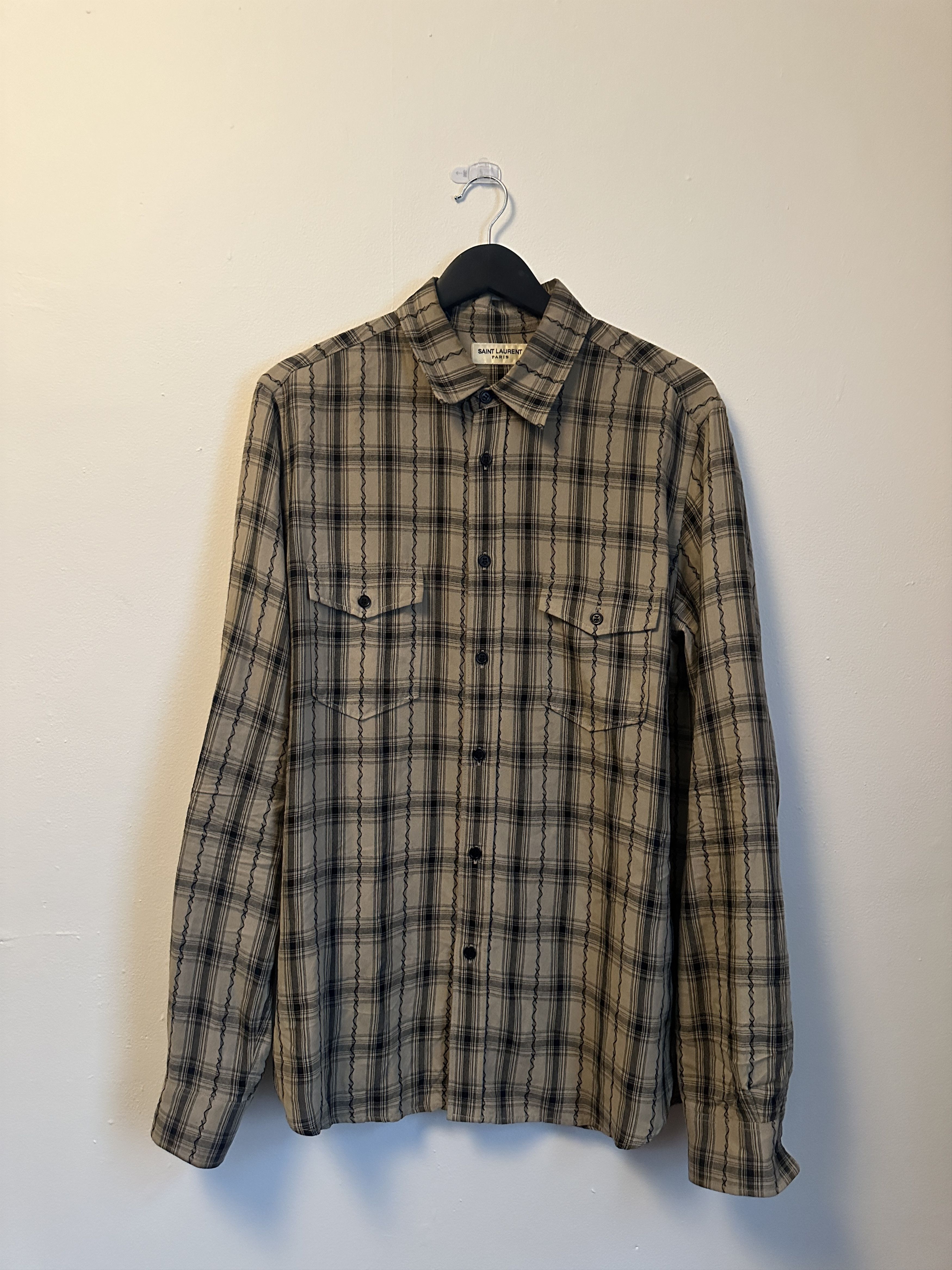 image of Saint Laurent Paris Saint Laurent Western Plaid Button Up in Tan, Men's (Size Small)